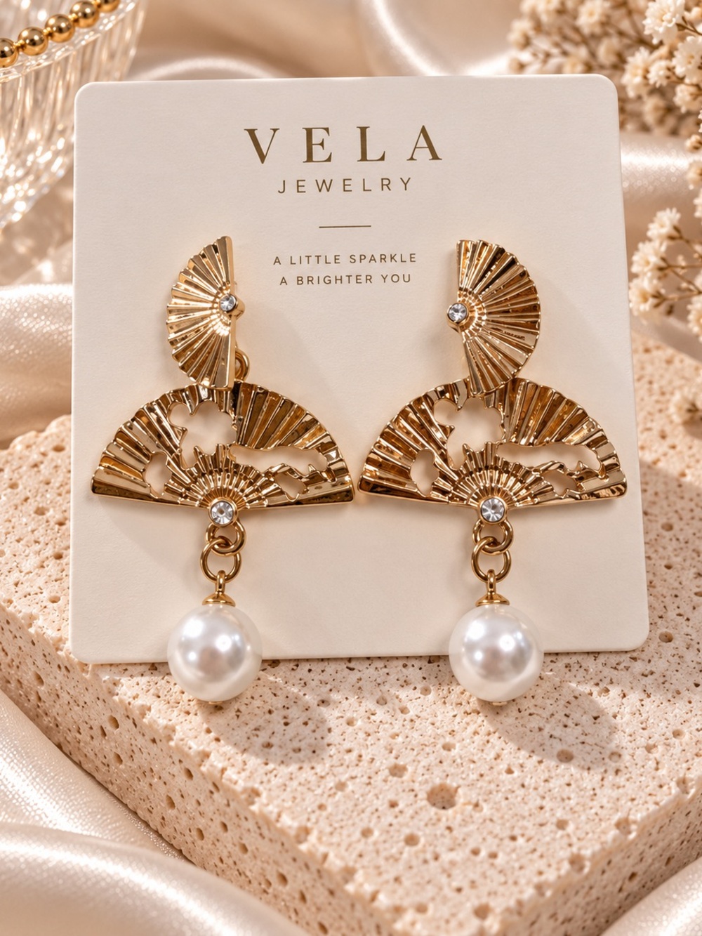 Gold Fan Drop Earrings with Pearl